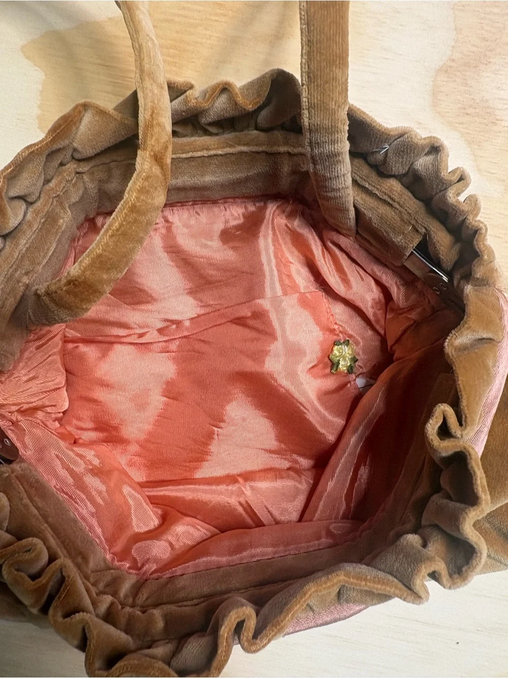 Brown Velvet Shoulder Bag with Floral Trim
